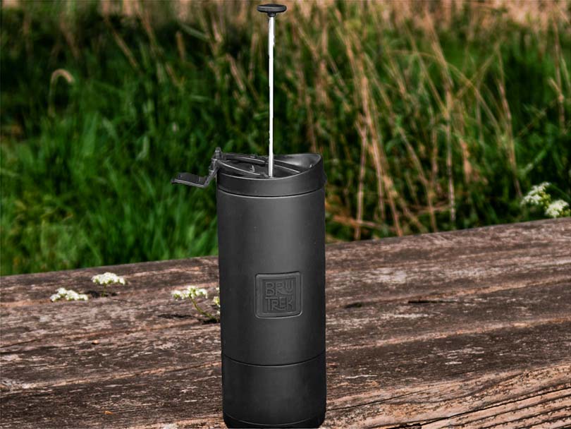 BruTrek OVRLNDR traveling french press on camping picnic bench
