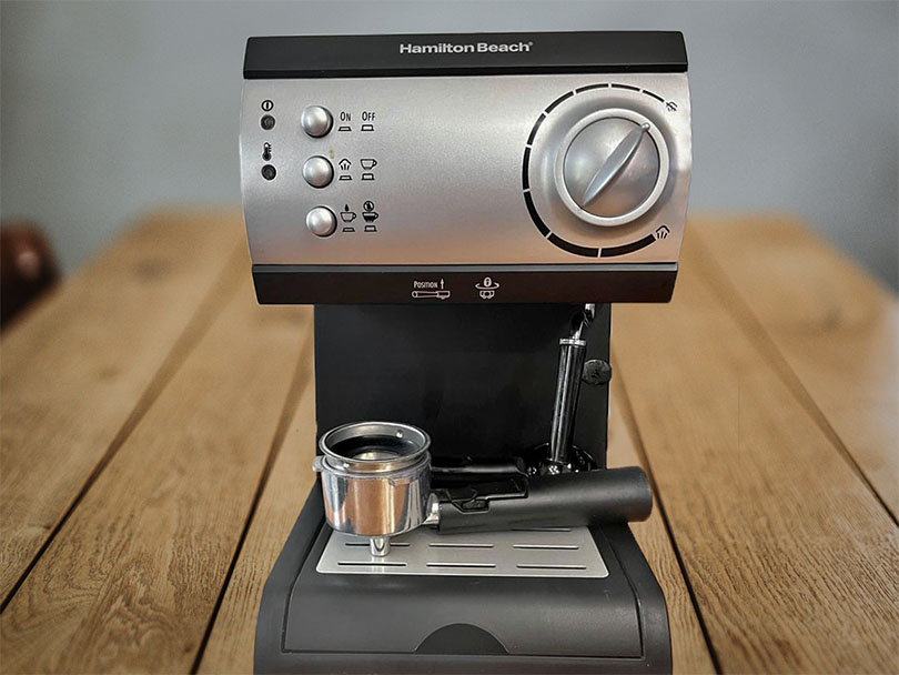 Hamilton Beach 40715 budget espresso machine on wooden table