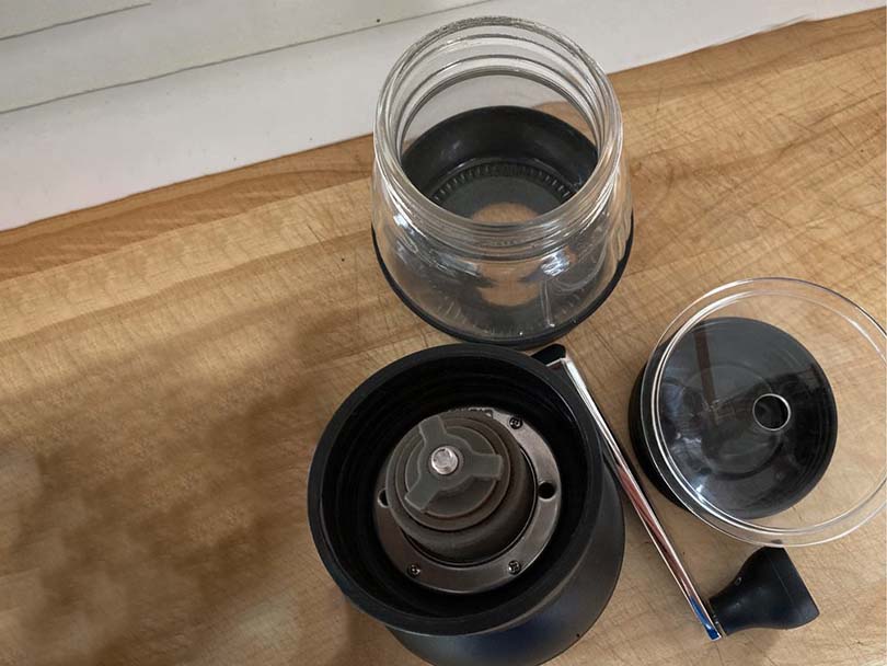Parts of the Hario Skerton Pro laid out for cleaning