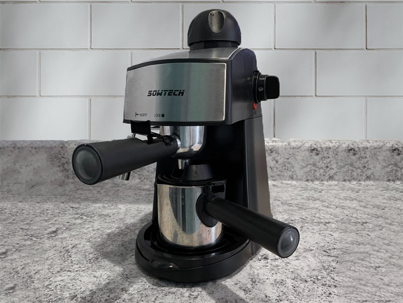 Sowtech espresso machine, sitting on kitchen counter