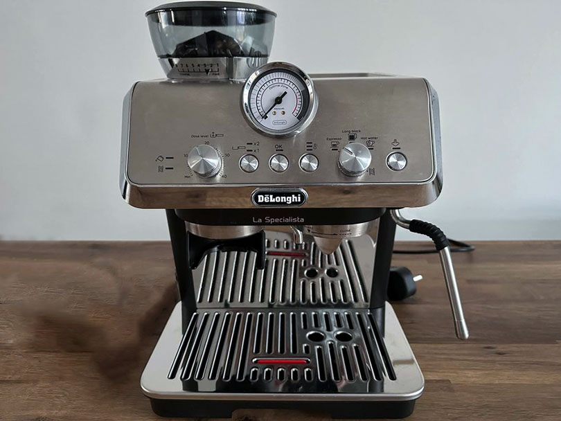 Full view of the DeLonghi La Specialista Arte on a wooden table