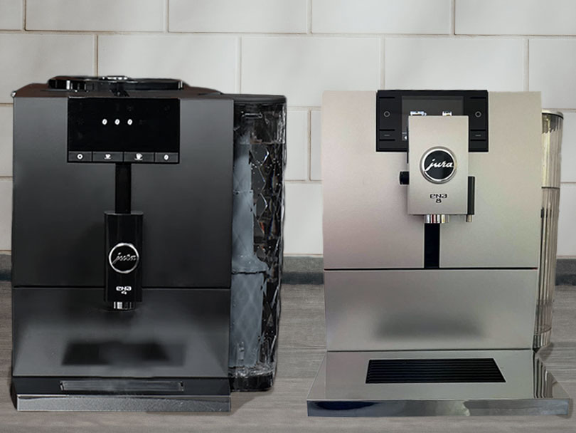 Jura ENA 4 and ENA 8 sitting side-by-side on kitchen cabinet