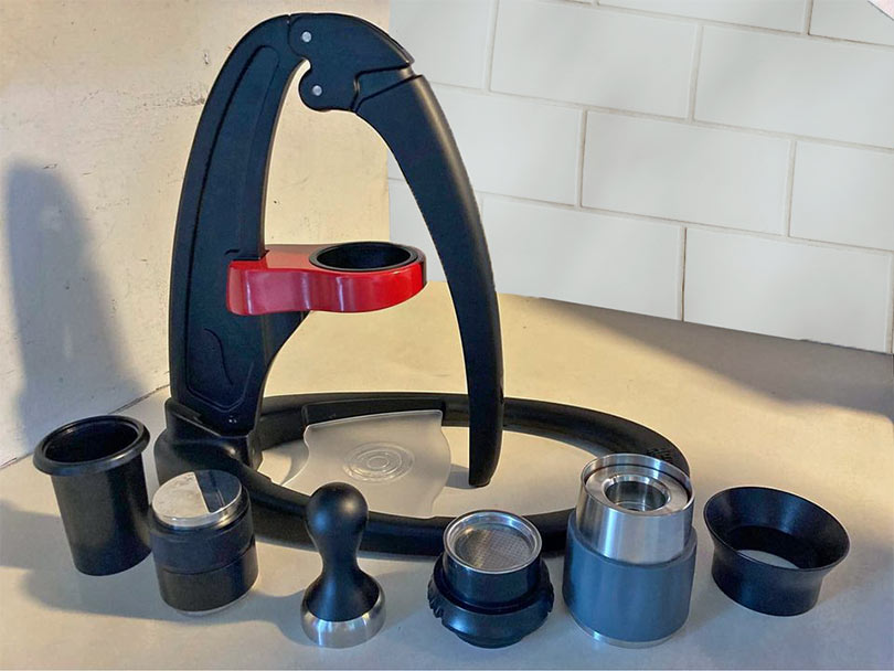 Flair Classic manual espresso maker with included parts laid out