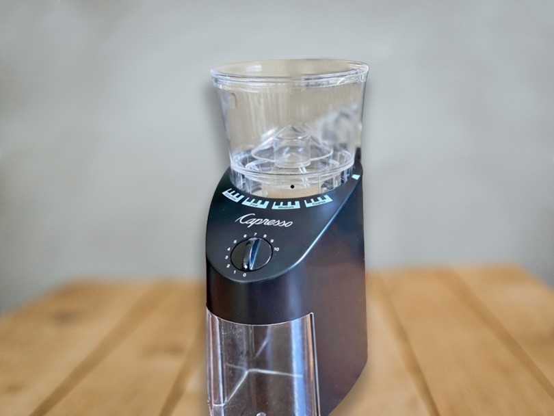 Capresso Infinity burr grinder slightly turned towards camera
