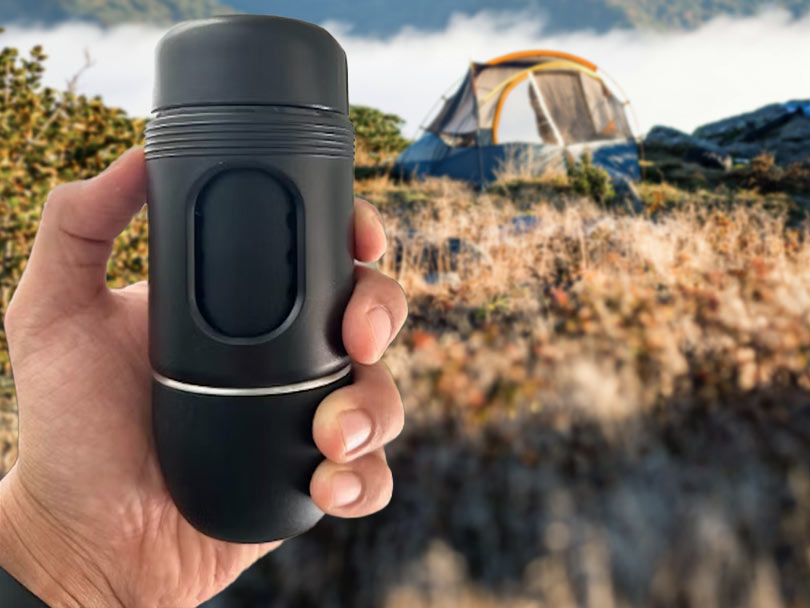 Holding Staresso Travel (Mini) whilst camping