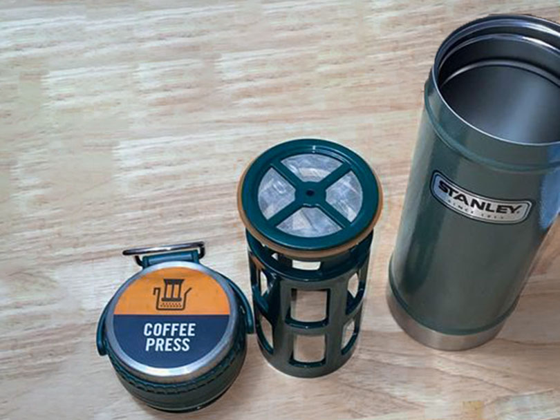 Stanley Travel Coffee Press, parts laid out on table