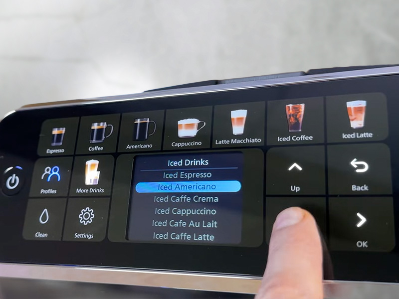 Scrolling through the Iced Drinks choices on the Philips 5500 espresso machine