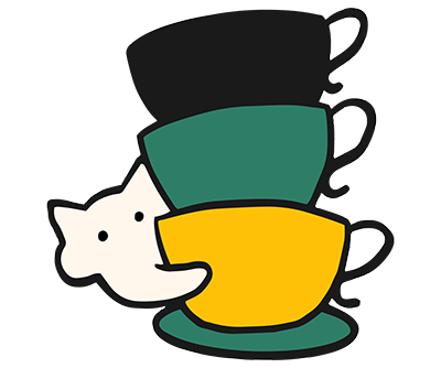 hand drawn cat peeking out from behind 3 coffee cups