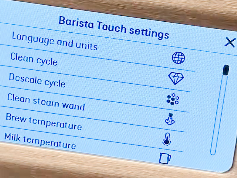Close-up of the Barista Touch settings menu including options for cleaning